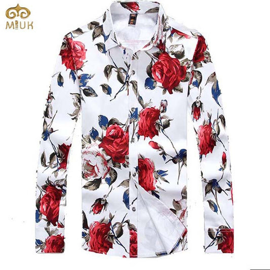 Plus Size Men Floral Dress Shirt 2016 Brand Spring Flannel Casual Long Sleeve Rose Printed Shirts - Shopy Max