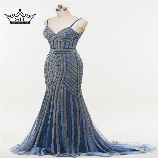 Robe De Soiree Evening Party Dress Real Photos Nude Color Tulle Crystal Royal Blue - Shopy Max