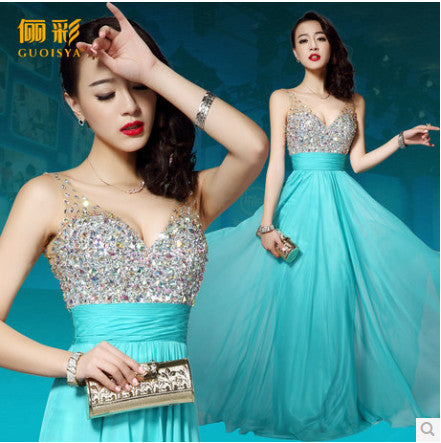 Long Evening Dress 2016 Vestido De Festa  Vestido Longo New Chiffon Sequins Deep