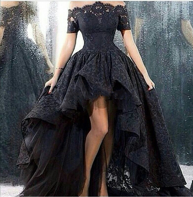 Charming Customized Black Lace Evening Gown Hi Low Sexy Off The Shoulder Boat Neck