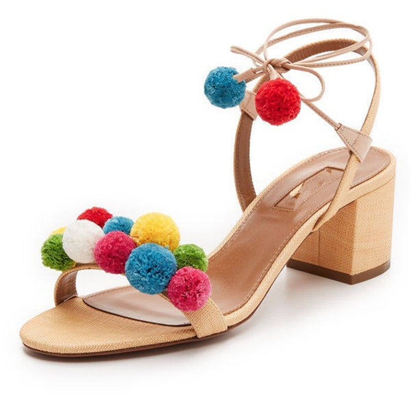 Designer Shoes Women Luxury 2016 Summer Heels Sandals Sandalias Pom Pom sandals