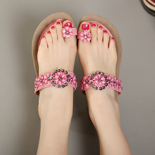 Pink Apricot PU 3D Flowers Thong Sandals Slippers For Women 2016 Summer - Shopy Max