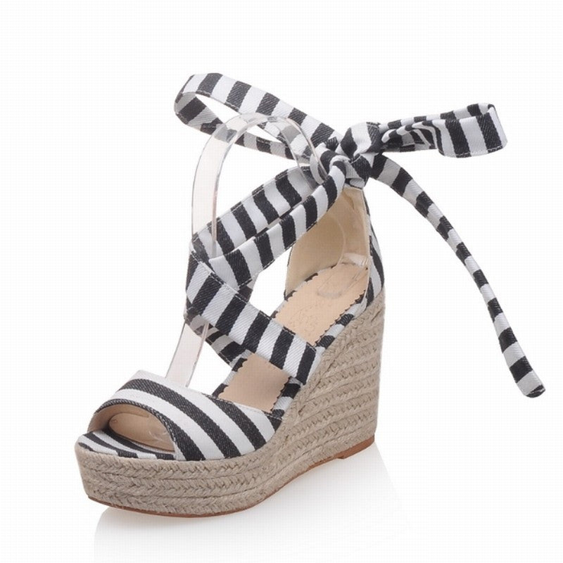 2016 New Arrival Lace up Women Sandals Gladiator Stripe Weave Wedges