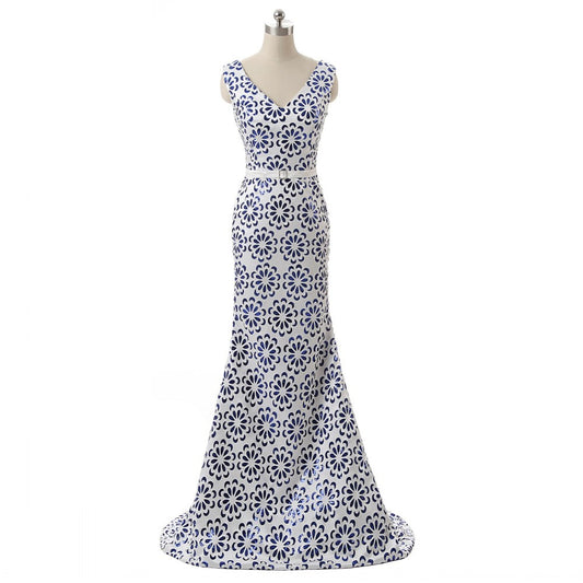 Unique Real Blue Mermaid Evening Dresses Long With Sequin Two Color Sashes