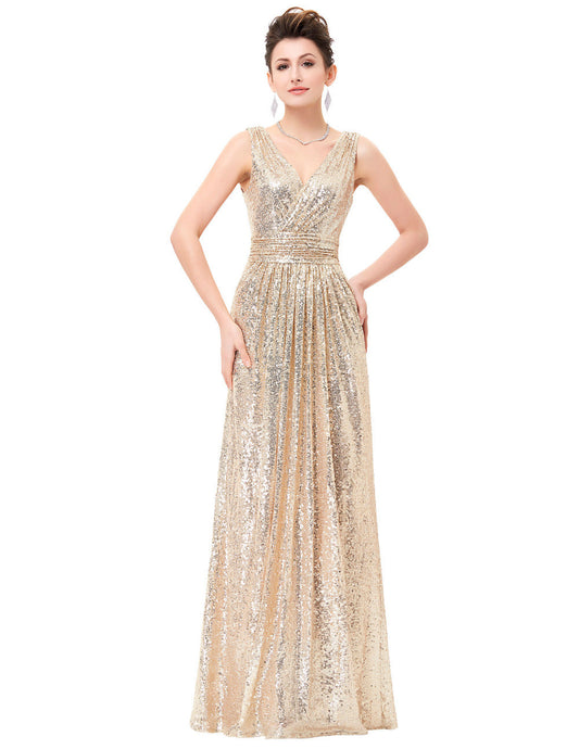Luxury Gold Silver Long Sequin Evening Dress Pink Double V Neck Cheap Evening Gowns - Shopy Max