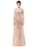 Luxury Gold Silver Long Sequin Evening Dress Pink Double V Neck Cheap Evening Gowns - Shopy Max