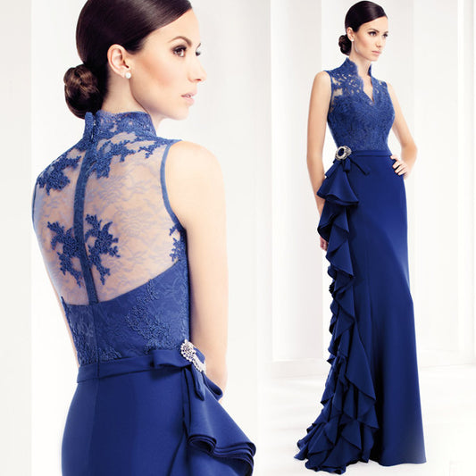 2016 Blue Lace Long Evening Dresses   The Banquet Elegant Backless - Shopy Max