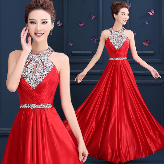 Red Beaded Pleat Silk Long Evening Dresses 2016 Backless Halter Neck Silm - Shopy Max
