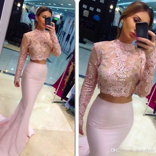 Vintage High Neck Mermaid Evening Dresses 2016 Lace Long Sleeve Elegant Prom Dress
