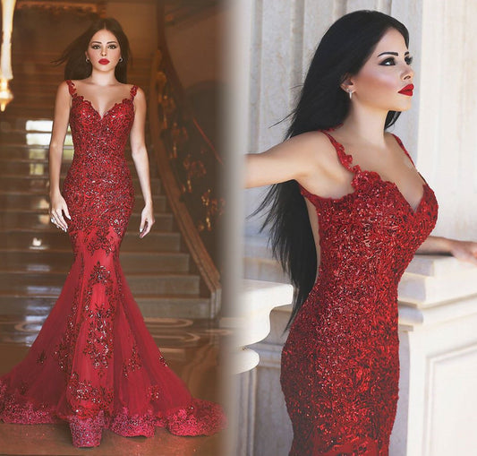 Robe de soiree Elegant Long Evening Dress V-Neck Spaghetti Strap Flppr Length - Shopy Max