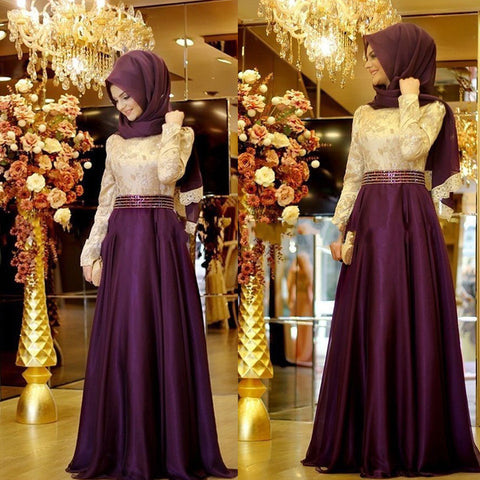 2016 A Line Purple Formal Long Sleeve Muslim Evening Dress Hijab Islamic Dubai