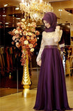 2016 A Line Purple Formal Long Sleeve Muslim Evening Dress Hijab Islamic Dubai - Shopy Max