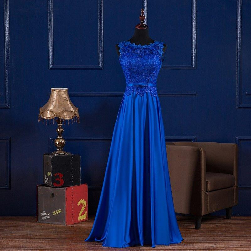 Boat Neck Lace Satin Long Evening Dress Royal Blue Burgundy 2016 Floor Length