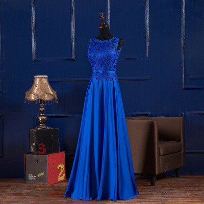 Boat Neck Lace Satin Long Evening Dress Royal Blue Burgundy 2016 Floor Length