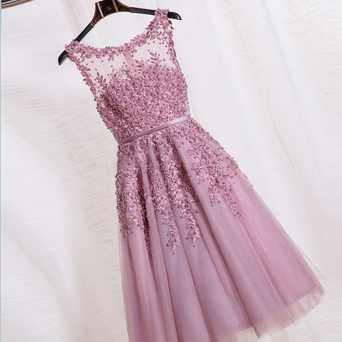 Elegant A Line New Arrival Pink Lace Appliques Short Evening Dresses 2016 Robe