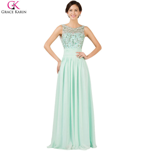 Light Green Evening Dresses 2016 Grace Karin Backless Sleeveless Bead Chiffon