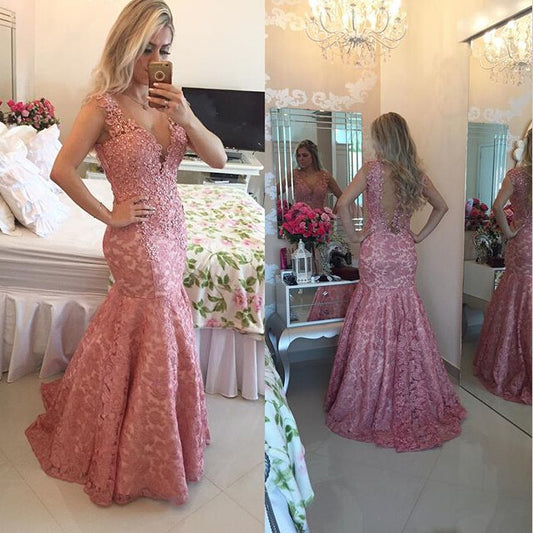 Elegant Mermaid Evening Dresses Sexy V Neck Sheer Back Lace Party Prom Gowns Custom Made