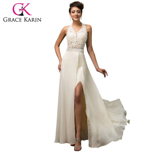Halter Grace Karin Luxury Elegant Evening Dress Open Back Beige Sequin Beading