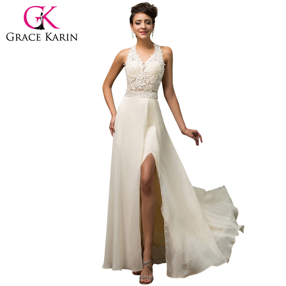 Halter Grace Karin Luxury Elegant Evening Dress Open Back Beige Sequin Beading