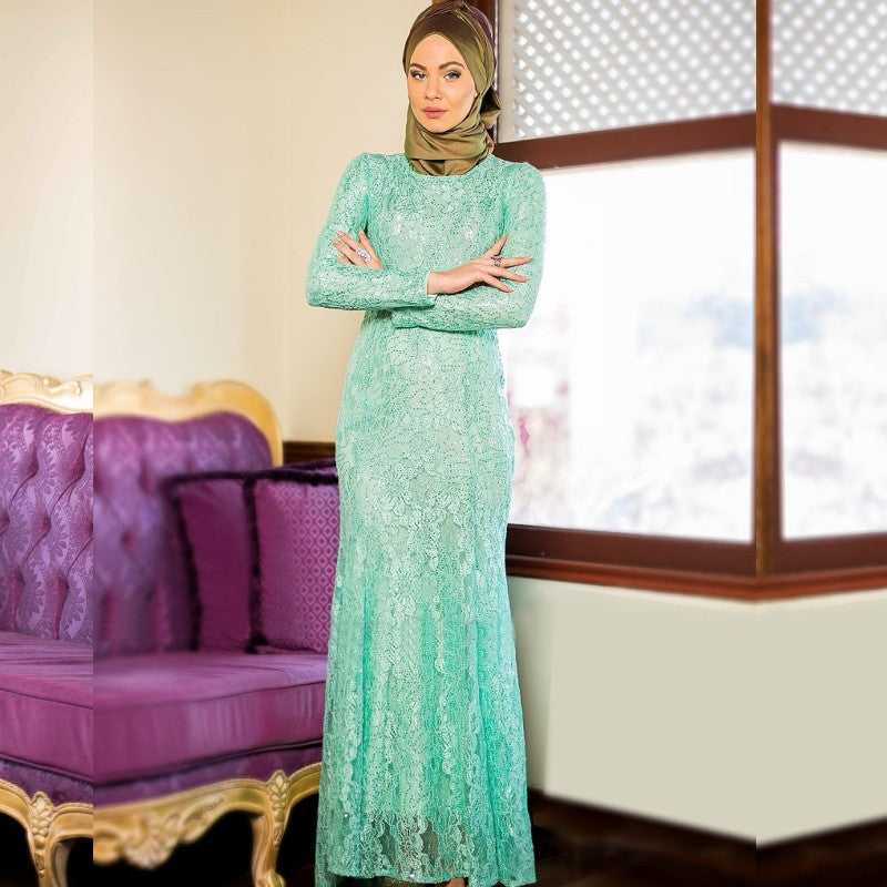 2016 New Arrival Green Lace Muslim Evening Dresses Abaya in Dubai Moroccan Kaftan