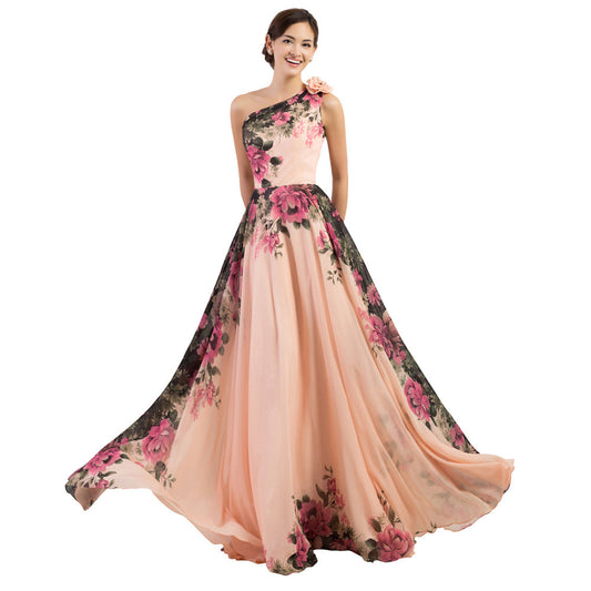 Elegant Women Vintage Plus Size Evening Dress Long with Flowers Printed Princess