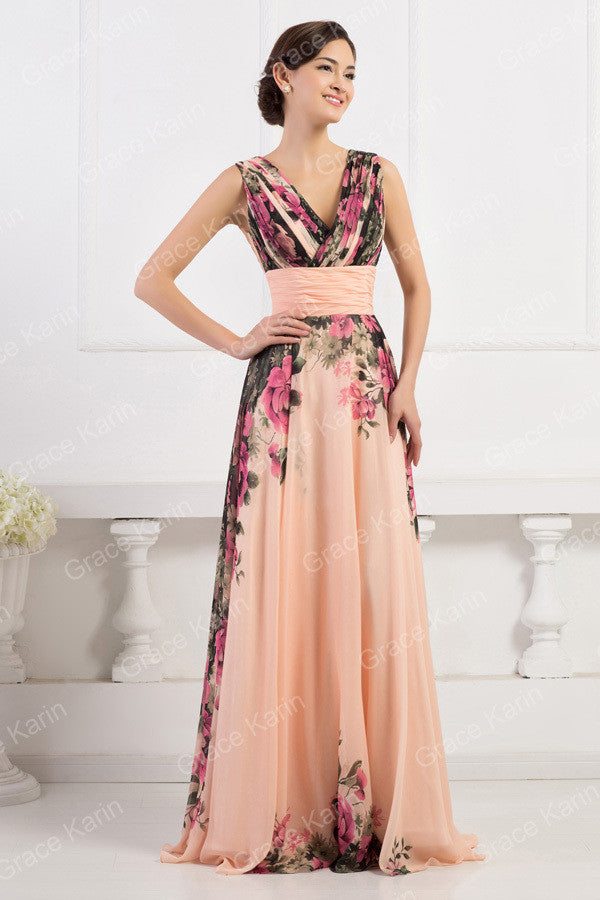 Elegant Women Vintage Plus Size Evening Dress Long with Flowers Printed Princess