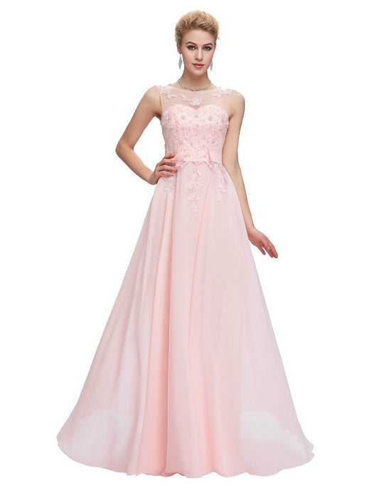 Pink Lace Chiffon Evening Dresses V Back A-Line Maxi Evening Gowns Women - Shopy Max