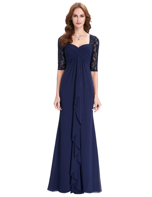 Real Photo Half Sleeve Evening Dress 2016 Ruffles Chiffon Mother of the Bride Dresses Navy Blue Long Dress Evening Gowns 0136 - Shopy Max