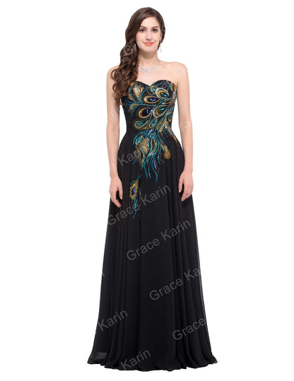 Black Evening Dresses Long 2016 Grace Karin Strapless Robe De Soiree Peacock Formal Elegant Gowns A-line Chiffon Dinner Dress