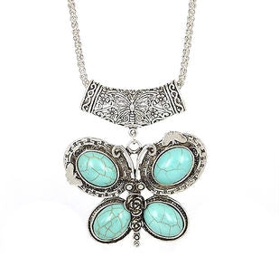 NR123 Big Howlite Stone Butterfly Pendant Sweater Tibet Silver Color vintage Necklace Pendant Fashion jewelry for women