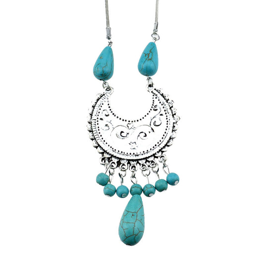 NR170 Tibet Silver Color Howlite Stone Sweater Round Pendant Vintage Necklace Snake Chain Jewelry Valentine's Day for Women