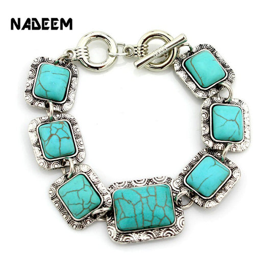 Newest Classical Women's Retro Vintage Natural Square Green Howlite Stone Bracelet Cute Tibet Silver Color Chain Link Bracelet