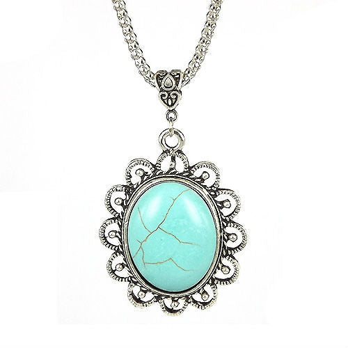 NR125 Hollow Flower Pendant Sweater Tibet Silver Color Oval Howlite Stone vintage Necklace Jewelry Fashion for women