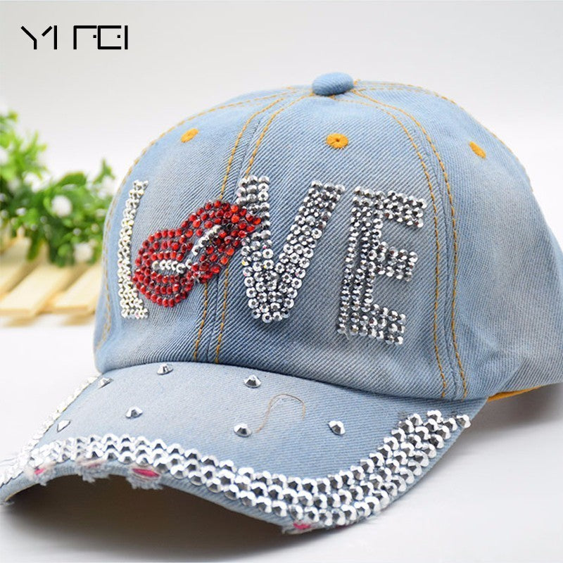 Mouth LOVE Rhinestone Denim Baseball Cap Good Quality Skull Outdoor Sports Snapback Hats