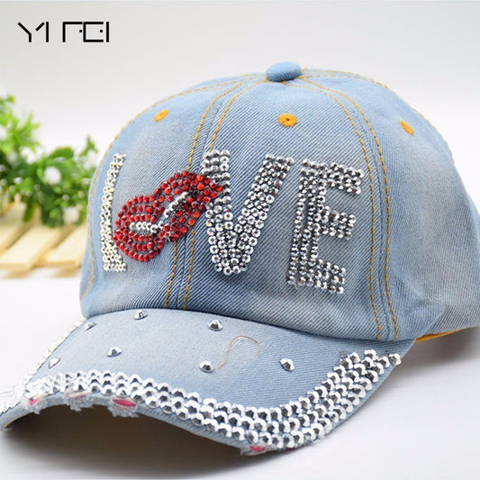Mouth LOVE Rhinestone Denim Baseball Cap Good Quality Skull Outdoor Sports Snapback Hats