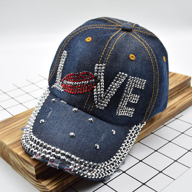 Mouth LOVE Rhinestone Denim Baseball Cap Good Quality Skull Outdoor Sports Snapback Hats