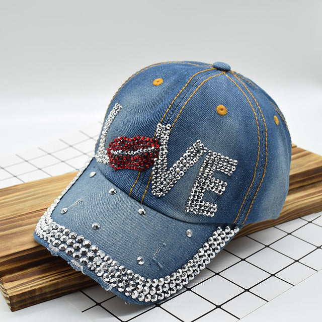 Mouth LOVE Rhinestone Denim Baseball Cap Good Quality Skull Outdoor Sports Snapback Hats