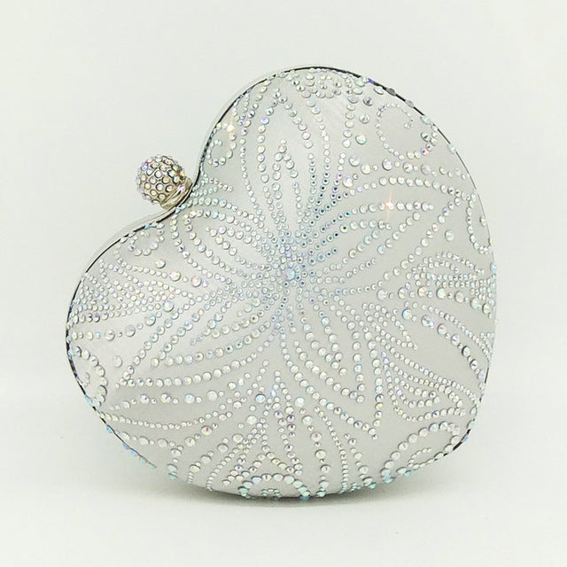 Boutique De FGG Silver Crystal Flower Women Heart Evening Clutch Bags Hardcase Metal Clutches Wedding Party
