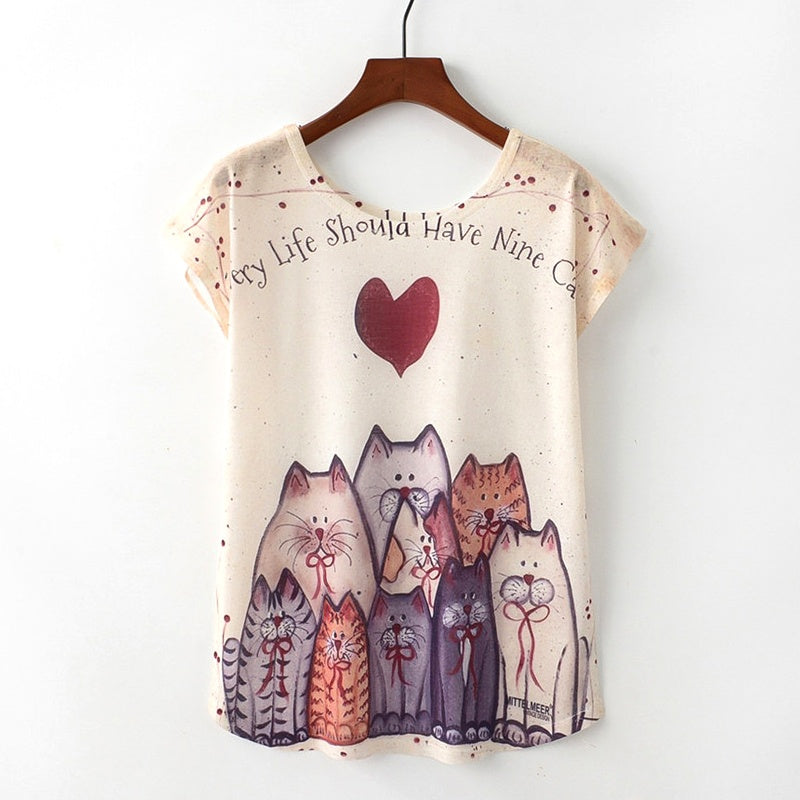 KaiTingu Summer Novelty Women T Shirt Harajuku Kawaii Cute Style Nice Cat