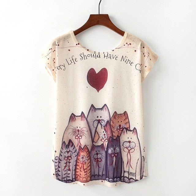 KaiTingu Summer Novelty Women T Shirt Harajuku Kawaii Cute Style Nice Cat