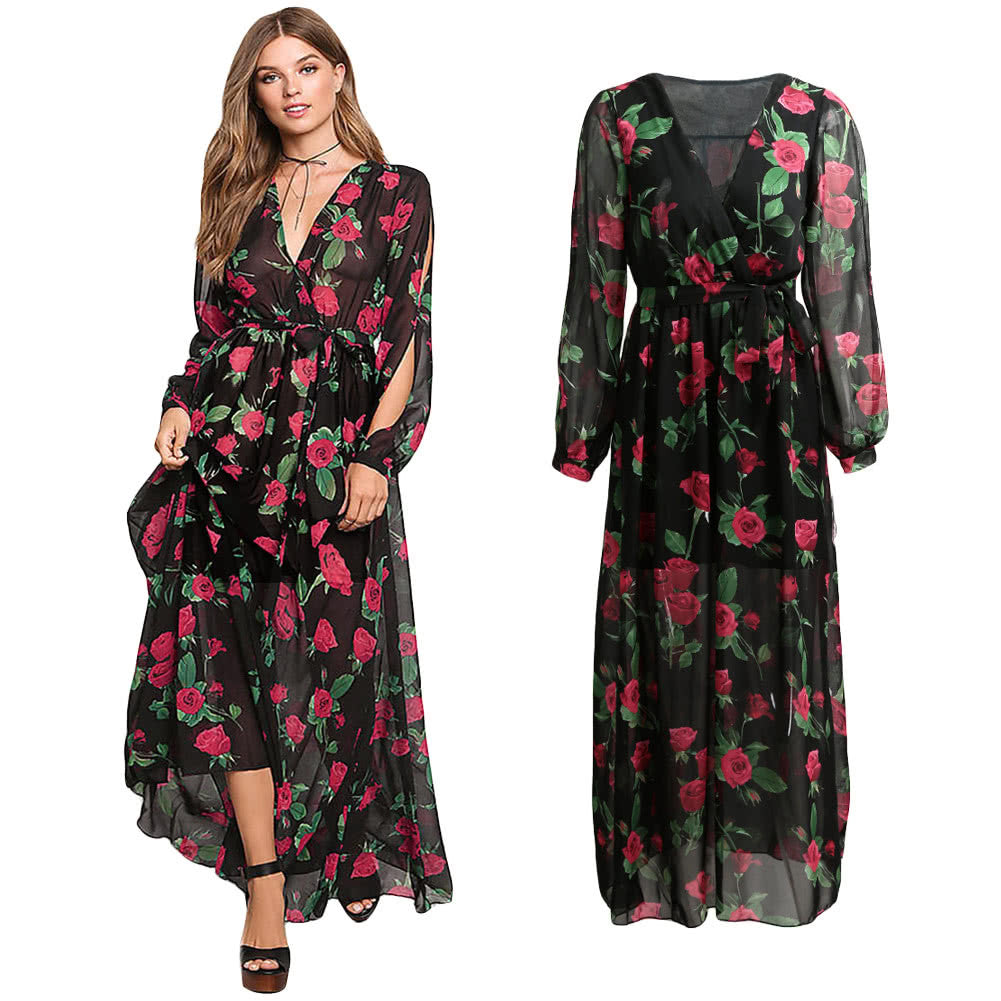 Sexy Women Maxi Dress Sheer Chiffon Floral Cross V-Neck Cut Out Sleeve Elastic Waist Boho