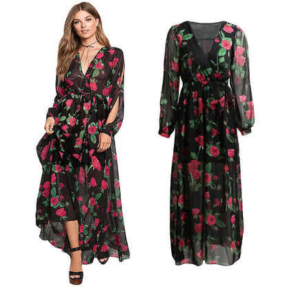 Sexy Women Maxi Dress Sheer Chiffon Floral Cross V-Neck Cut Out Sleeve Elastic Waist Boho