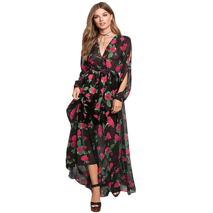 Sexy Women Maxi Dress Sheer Chiffon Floral Cross V-Neck Cut Out Sleeve Elastic Waist Boho