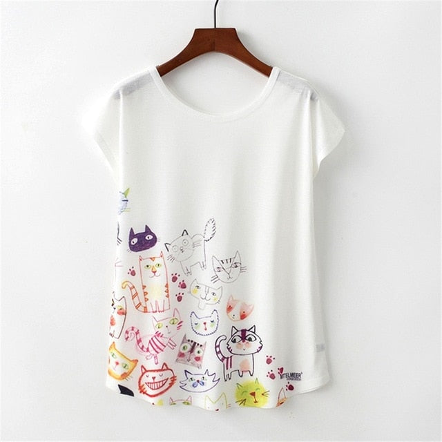KaiTingu Summer Novelty Women T Shirt Harajuku Kawaii Cute Style Nice Cat