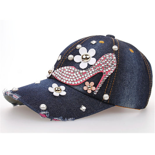 New Fashion Women Denim Washed Rhinestone Baseball Cap With Floral Jeans Simulation Diamond Caps Snapback Hats Hip Hop Hats