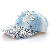 New Fashion Women Denim Washed Rhinestone Baseball Cap With Floral Jeans Simulation Diamond Caps Snapback Hats Hip Hop Hats