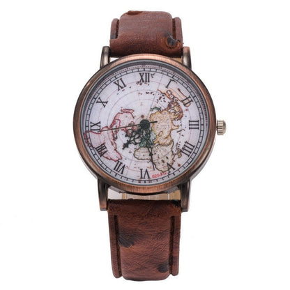 Fashion Vintage Retro World Map Watches Women Wristwatch Leather Strap Clock