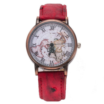 Fashion Vintage Retro World Map Watches Women Wristwatch Leather Strap Clock