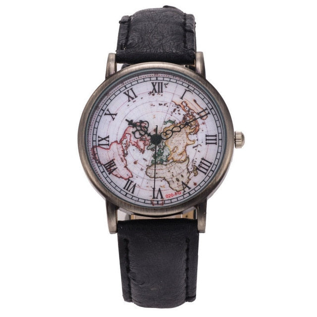 Fashion Vintage Retro World Map Watches Women Wristwatch Leather Strap Clock