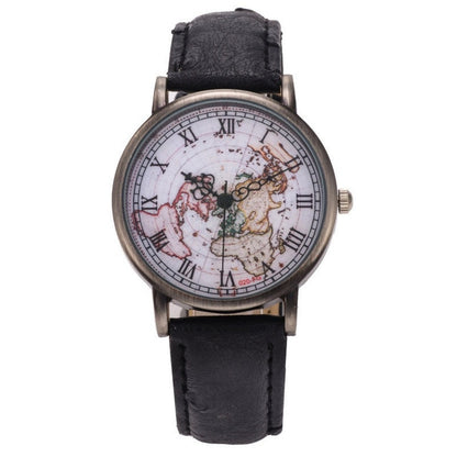 Fashion Vintage Retro World Map Watches Women Wristwatch Leather Strap Clock